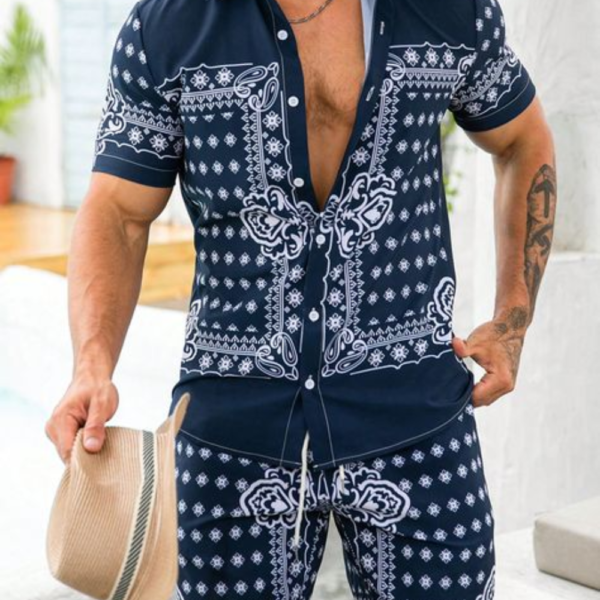 Men Night Suit Set Blue Striped