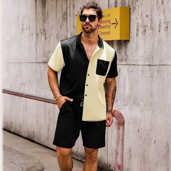 Men Top & Shorts Set Black, Yellow Printed