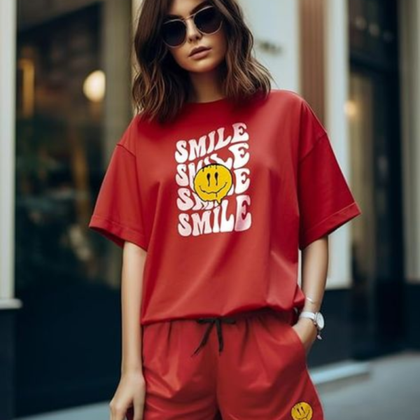 Women Top & Shorts Set Red Printed