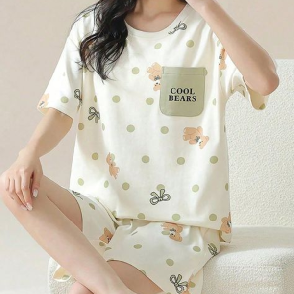 Women Night Suit Set Beige, White, Multicolor Printed, Floral Print, Animal Print
